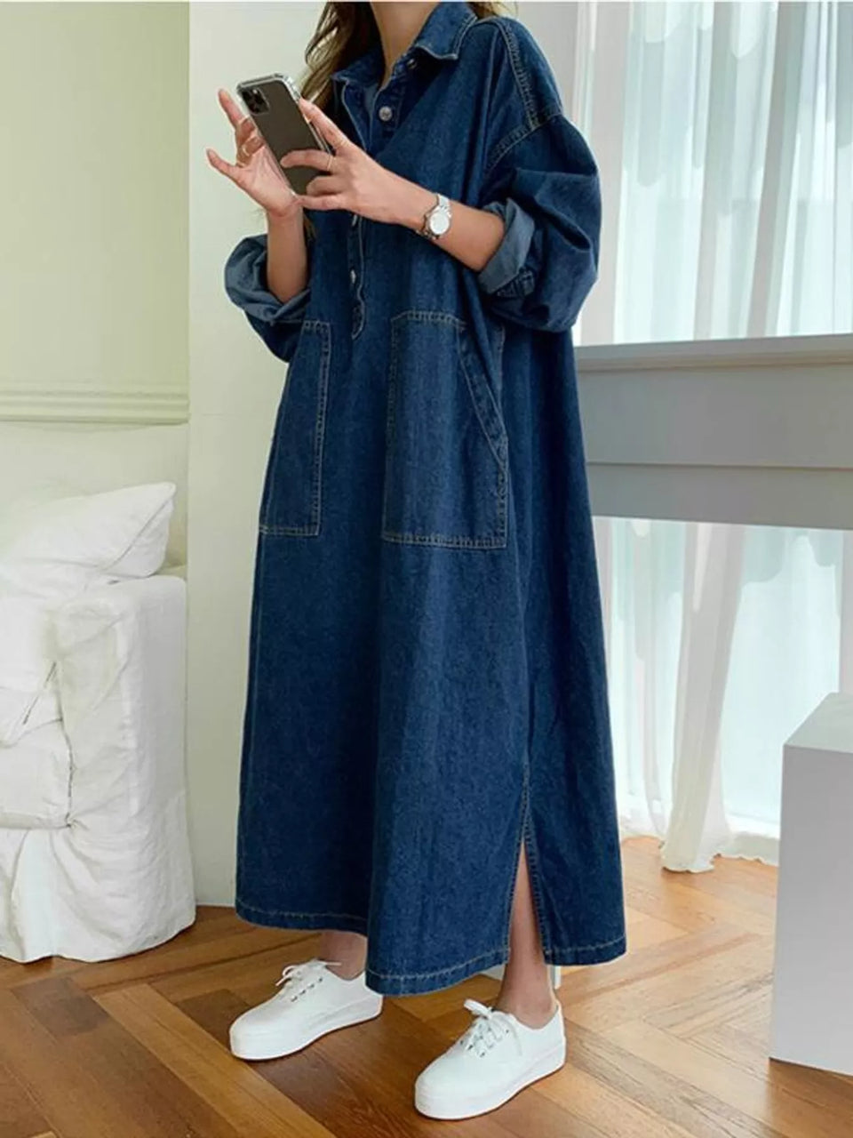 Button Front Denim Shirt Dress