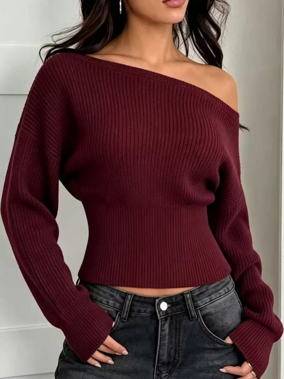 One Shoulder Ribbed Knit Sweater