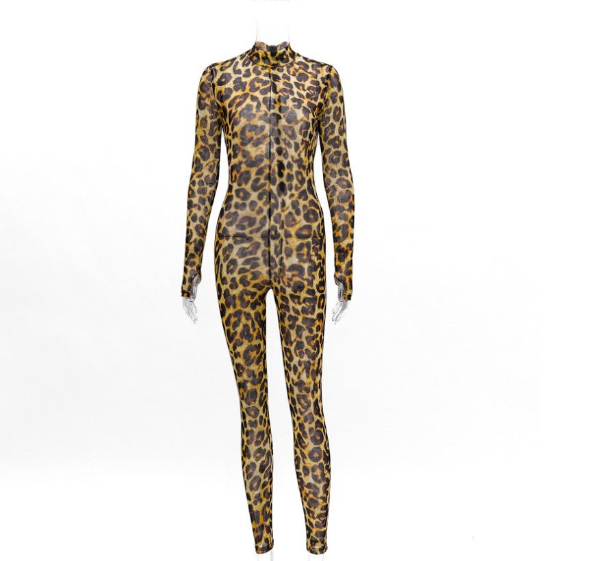 Tight jumpsuit med leopardmönster och hög hals