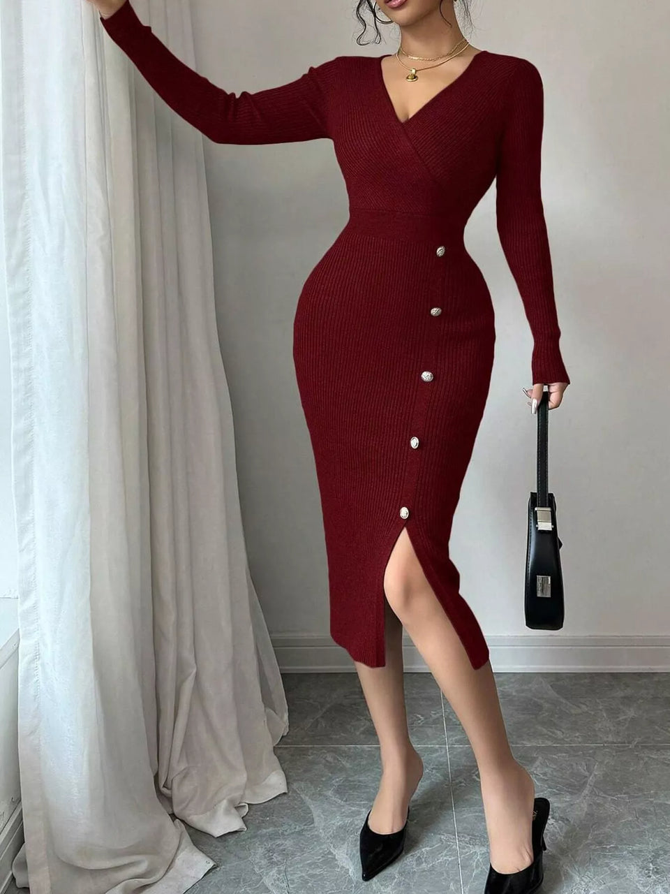 Decorative Button Ribbed Knit Sweater Dress