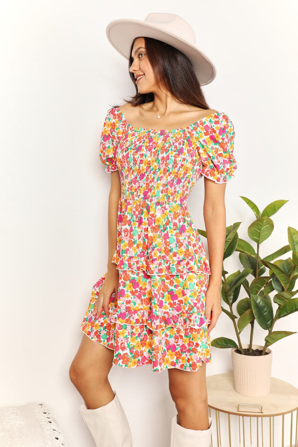 Devine Smocked Sweetheart Flounce Sleeve Mini Dress