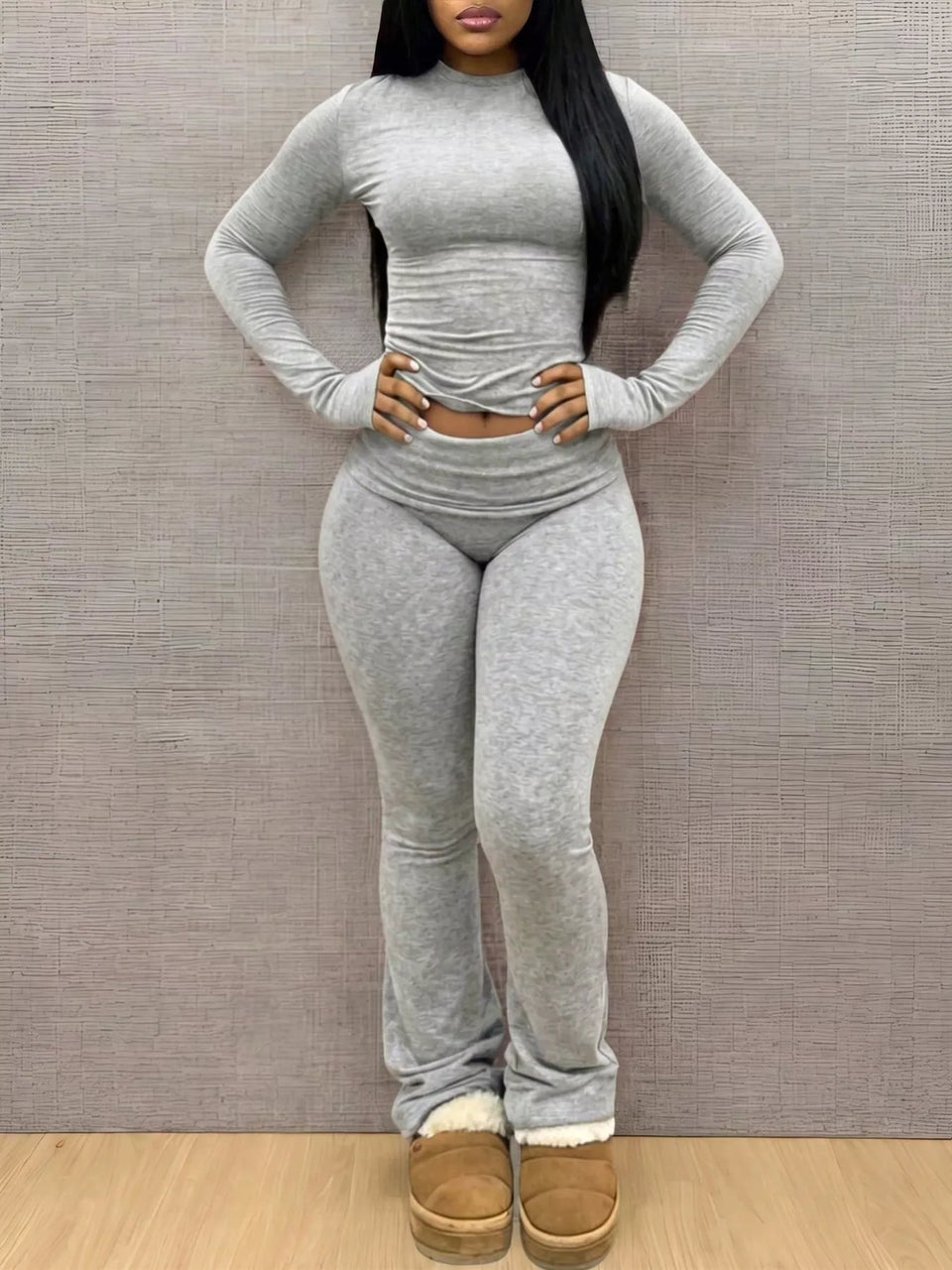 Slim-Fit Long Sleeve Crop Top and Leggings Lounge Set