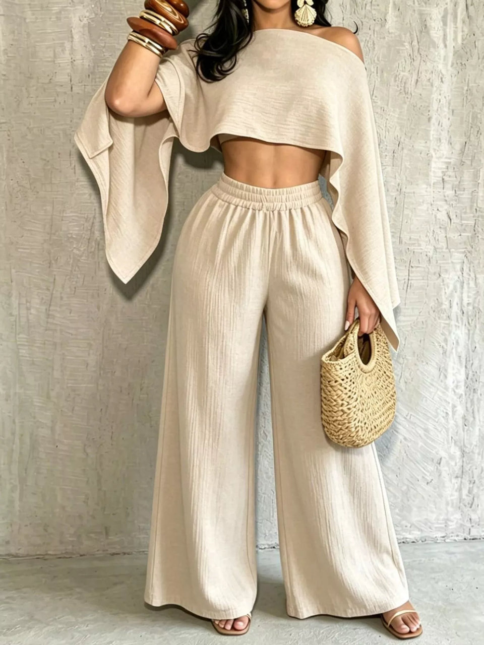 Boat Neck Crop Top and Wide-Leg Pants Set