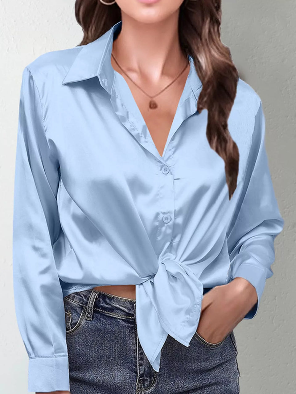 Satin Button-Down Long Sleeve Shirt
