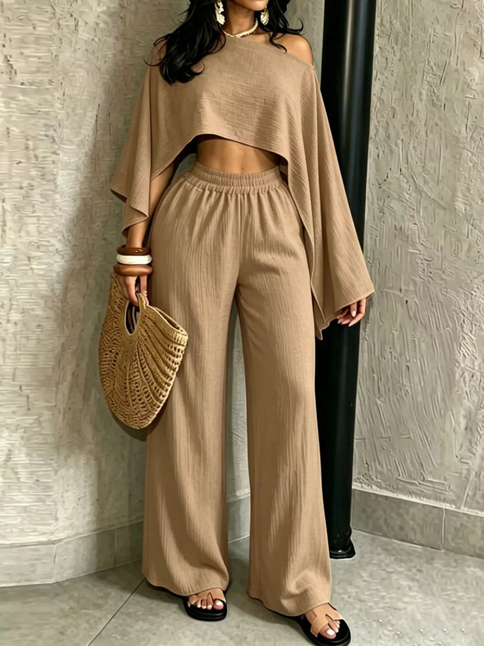Boat Neck Crop Top and Wide-Leg Pants Set