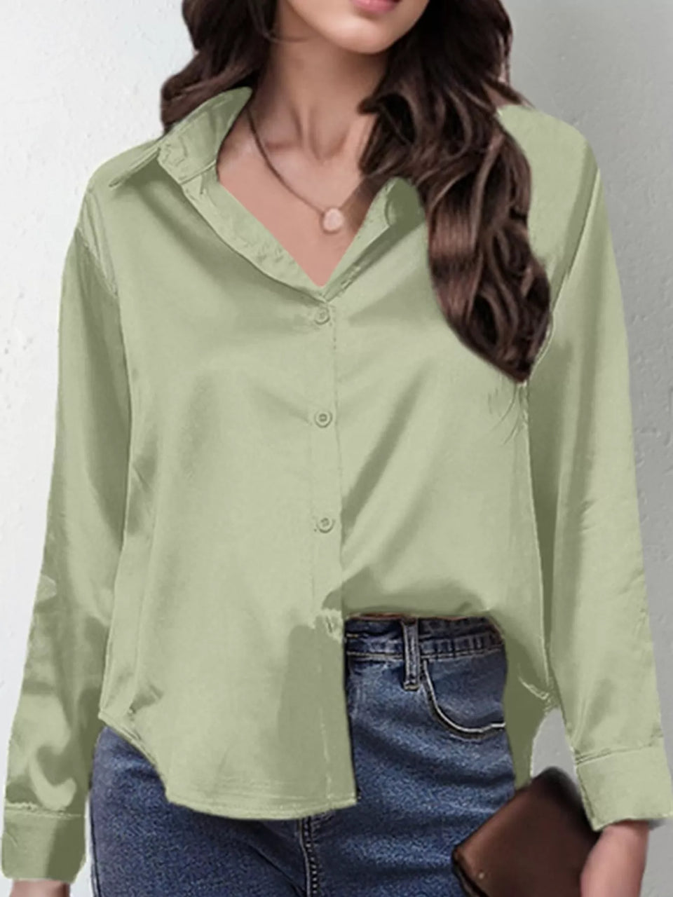 Satin Button-Down Long Sleeve Shirt