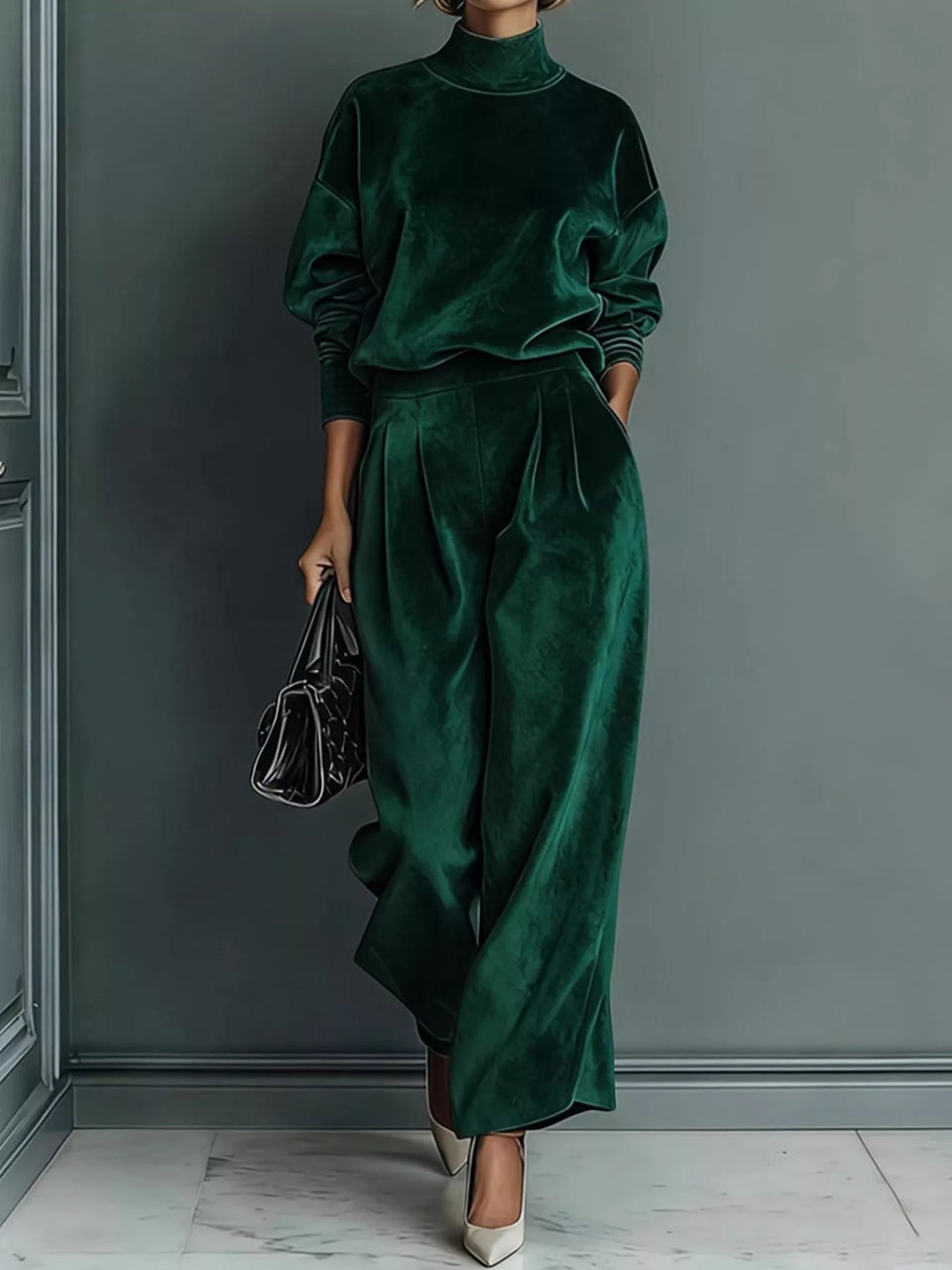 Velvet Mock Neck Long Sleeve Top and Wide-Leg Pants Set