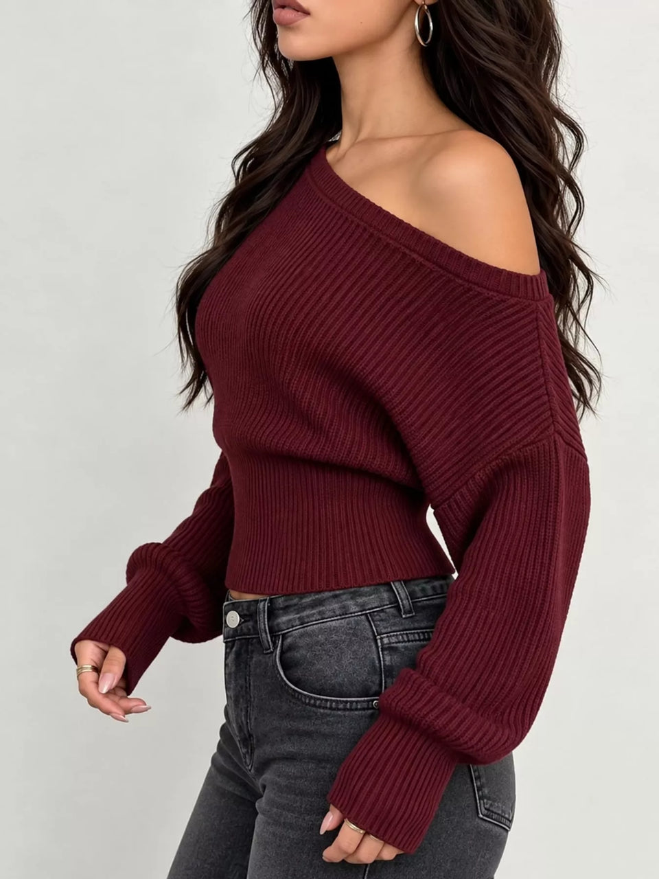 One Shoulder Ribbed Knit Sweater