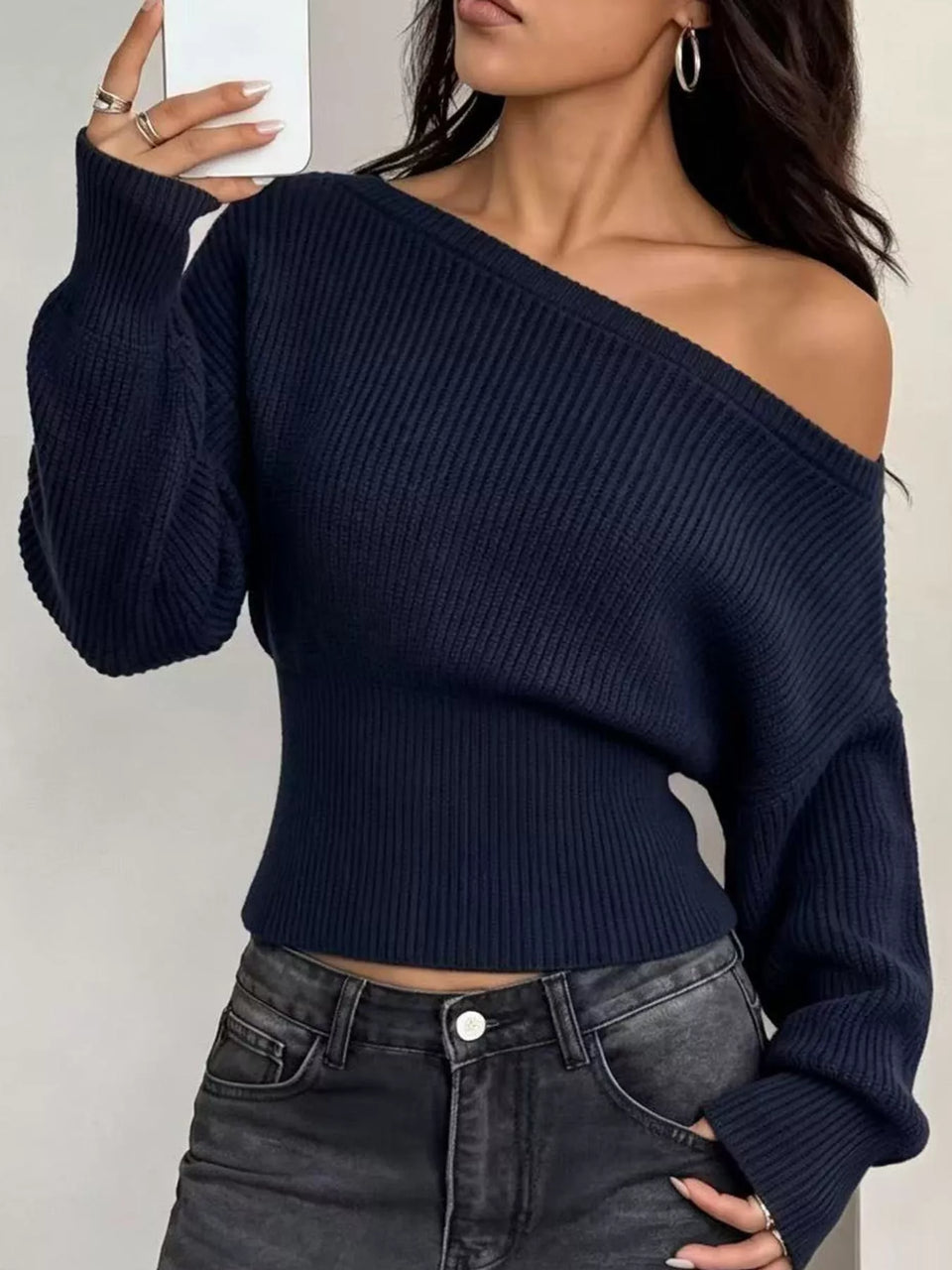 One Shoulder Ribbed Knit Sweater
