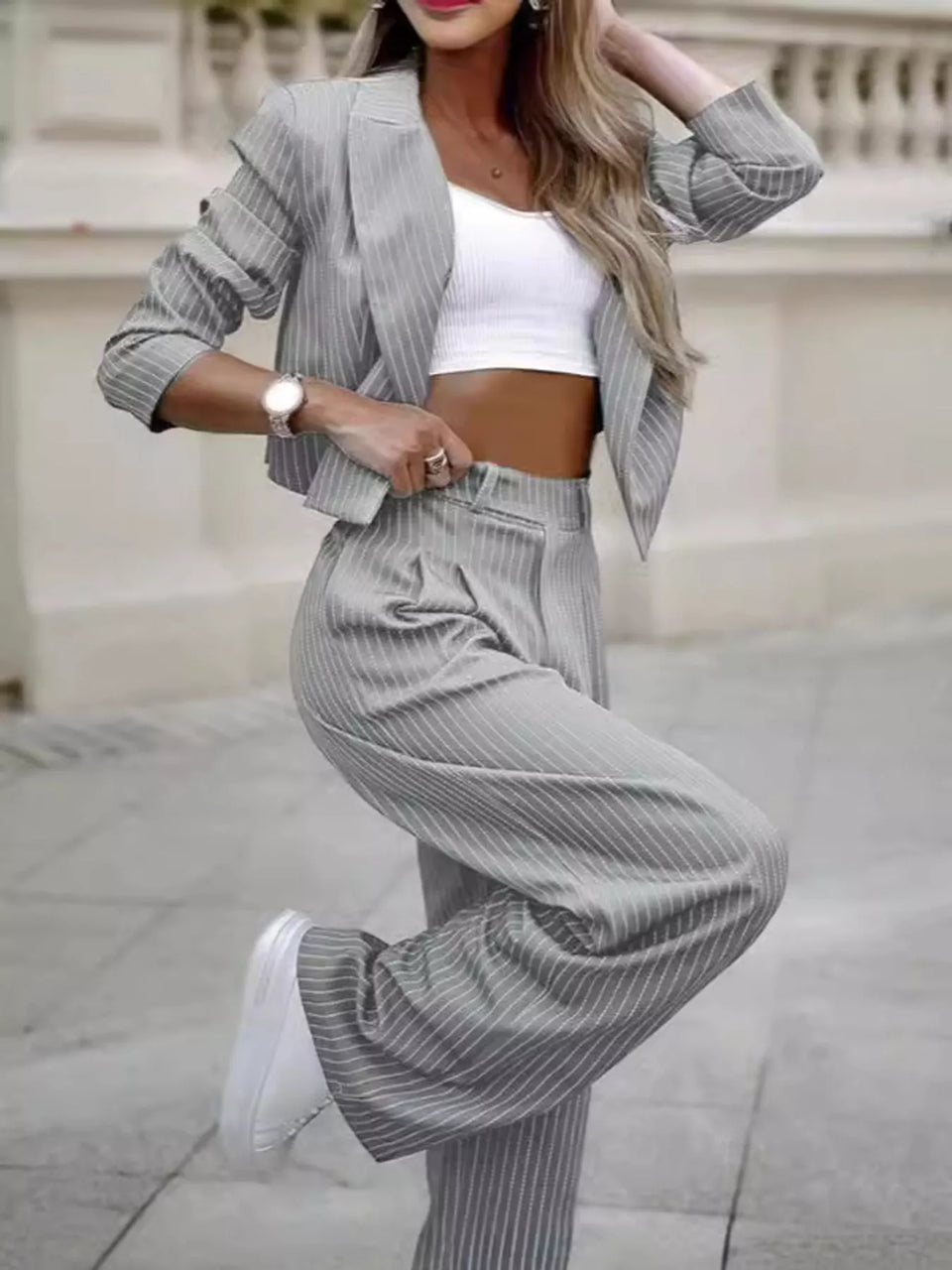 Striped Cropped Blazer and Wide-Leg Pants Two-Piece Set
