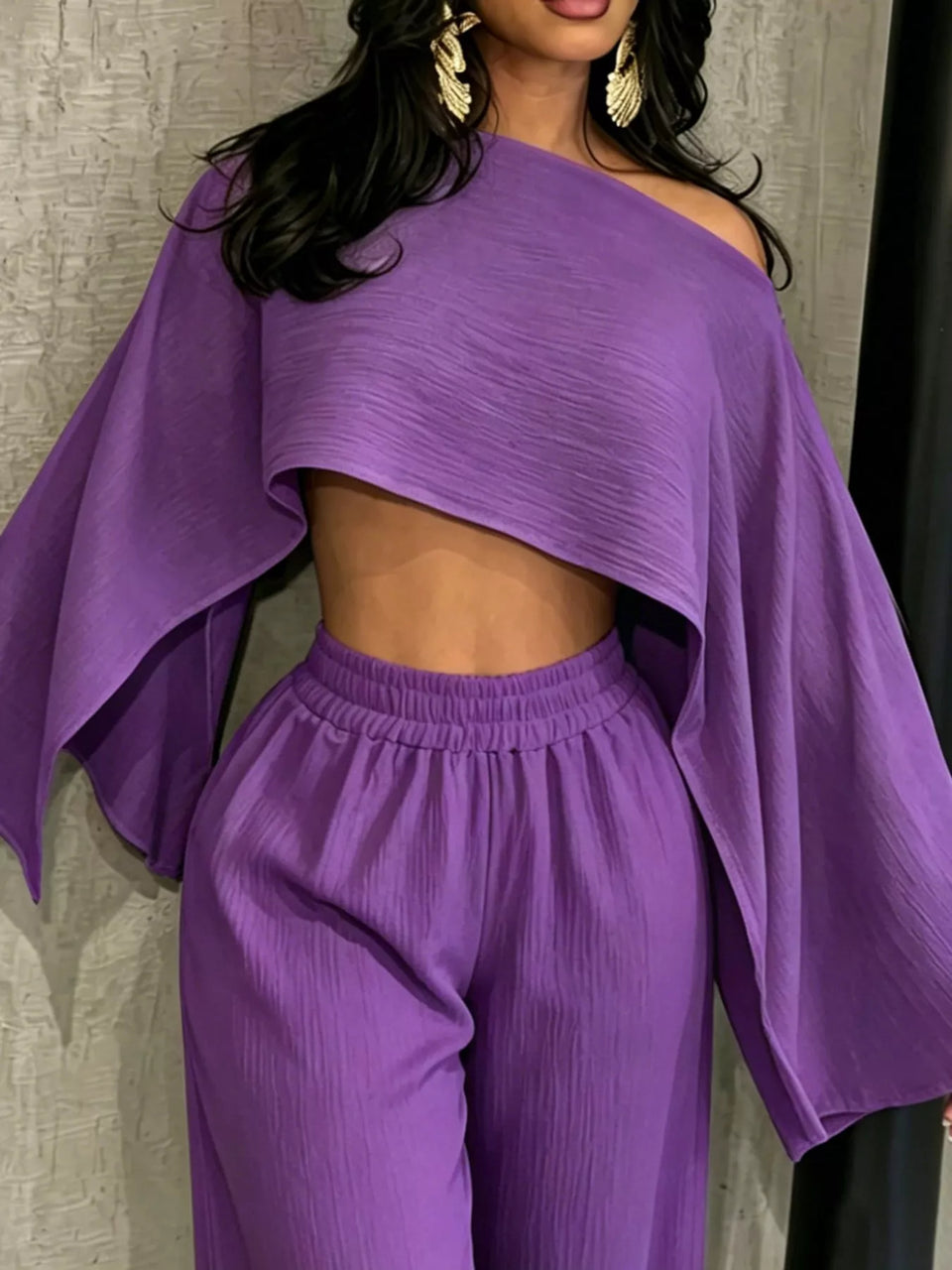 Boat Neck Crop Top and Wide-Leg Pants Set