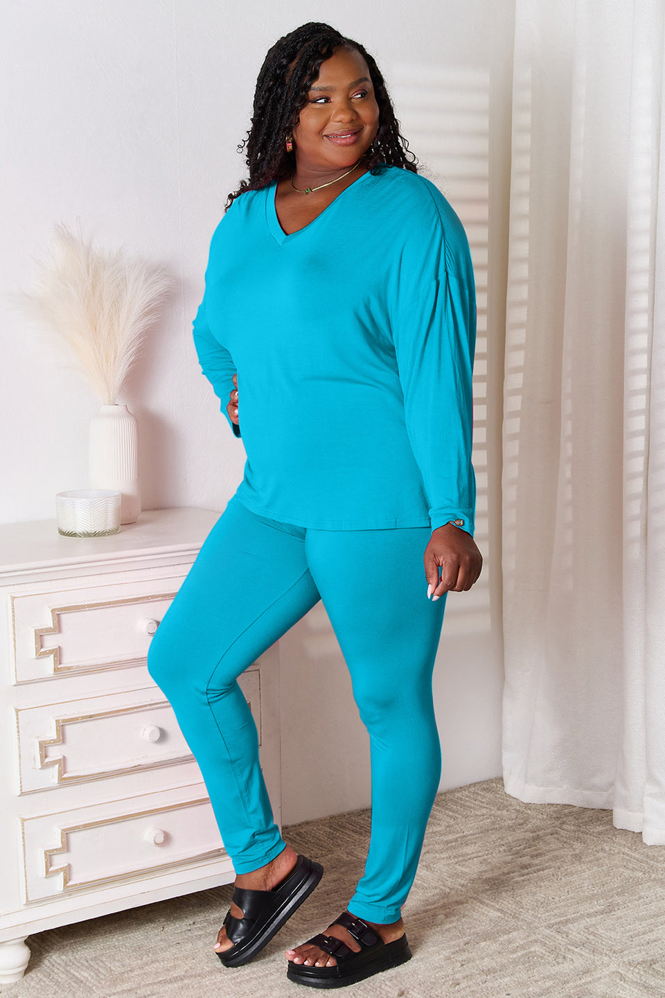 Basic Bae Soft Rayon V-Neck Top and Pants Lounge Set