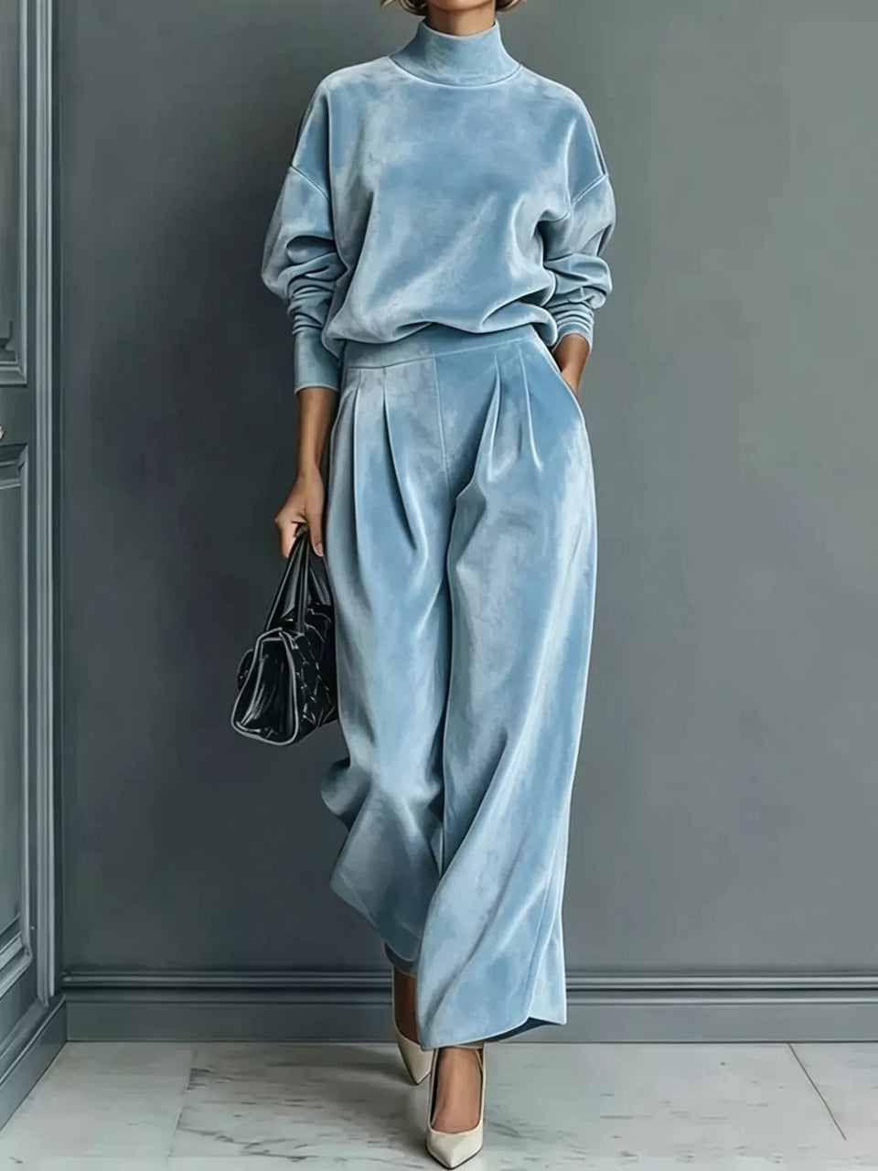 Velvet Mock Neck Long Sleeve Top and Wide-Leg Pants Set