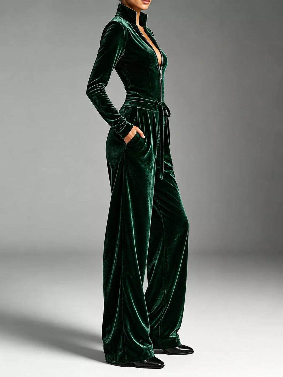 Velvet Zip-Up Jumpsuit with Tie-Waist