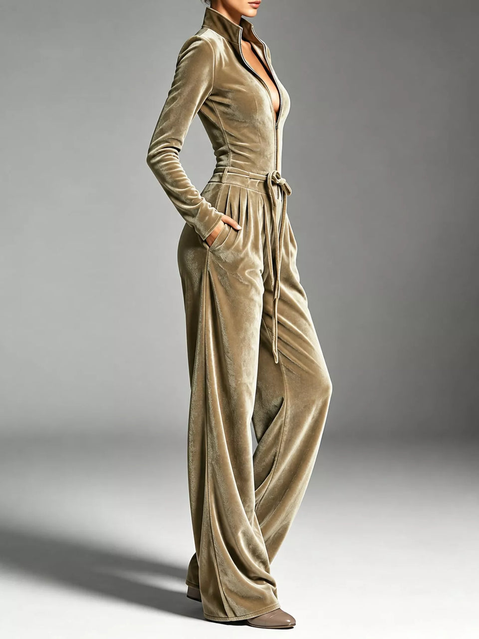 Velvet Zip-Up Jumpsuit with Tie-Waist