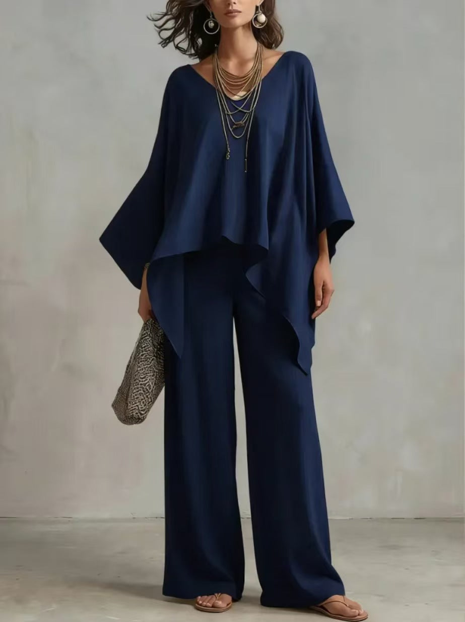Set i linnemix med asymmetrisk topp och vida byxor