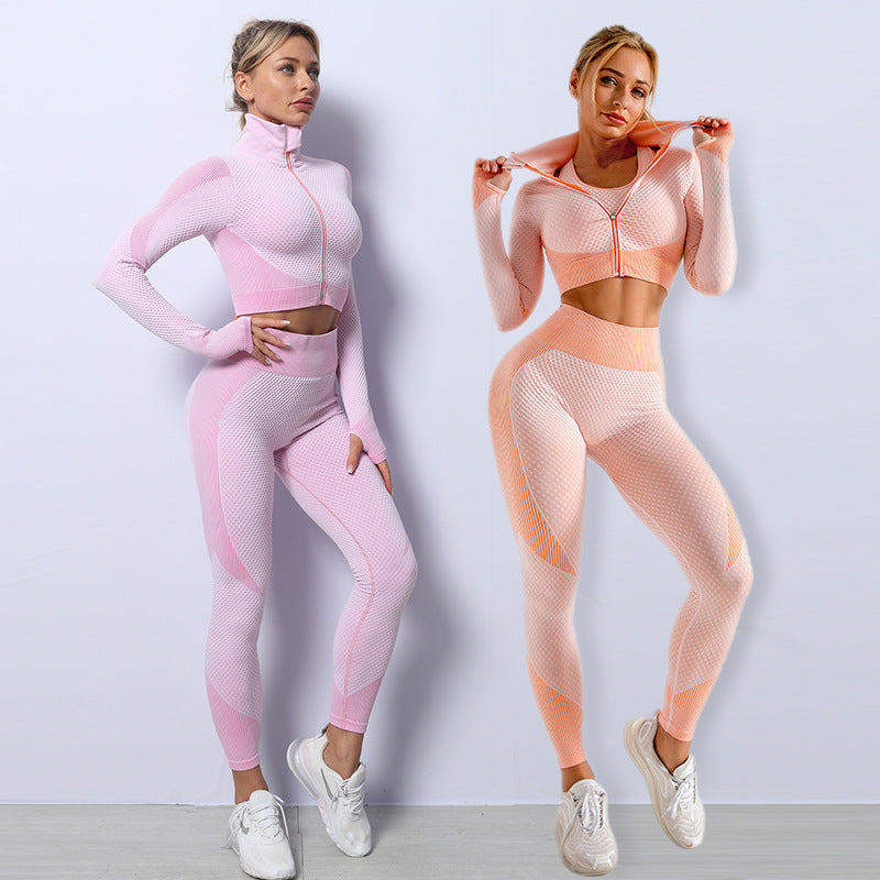 Sömlöst träningsset i 3 delar – leggings, topp och sport-bh