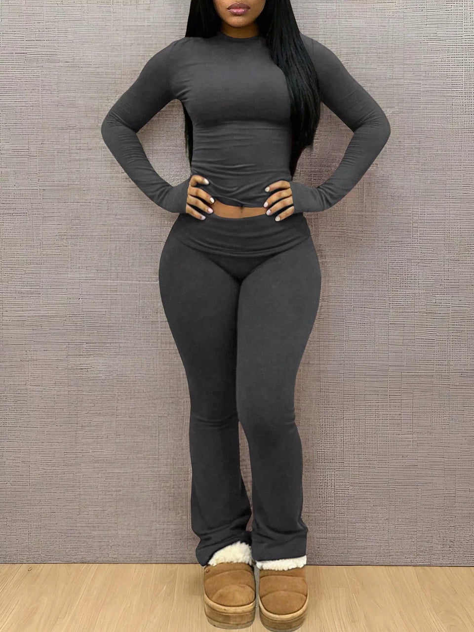 Slim-Fit Long Sleeve Crop Top and Leggings Lounge Set
