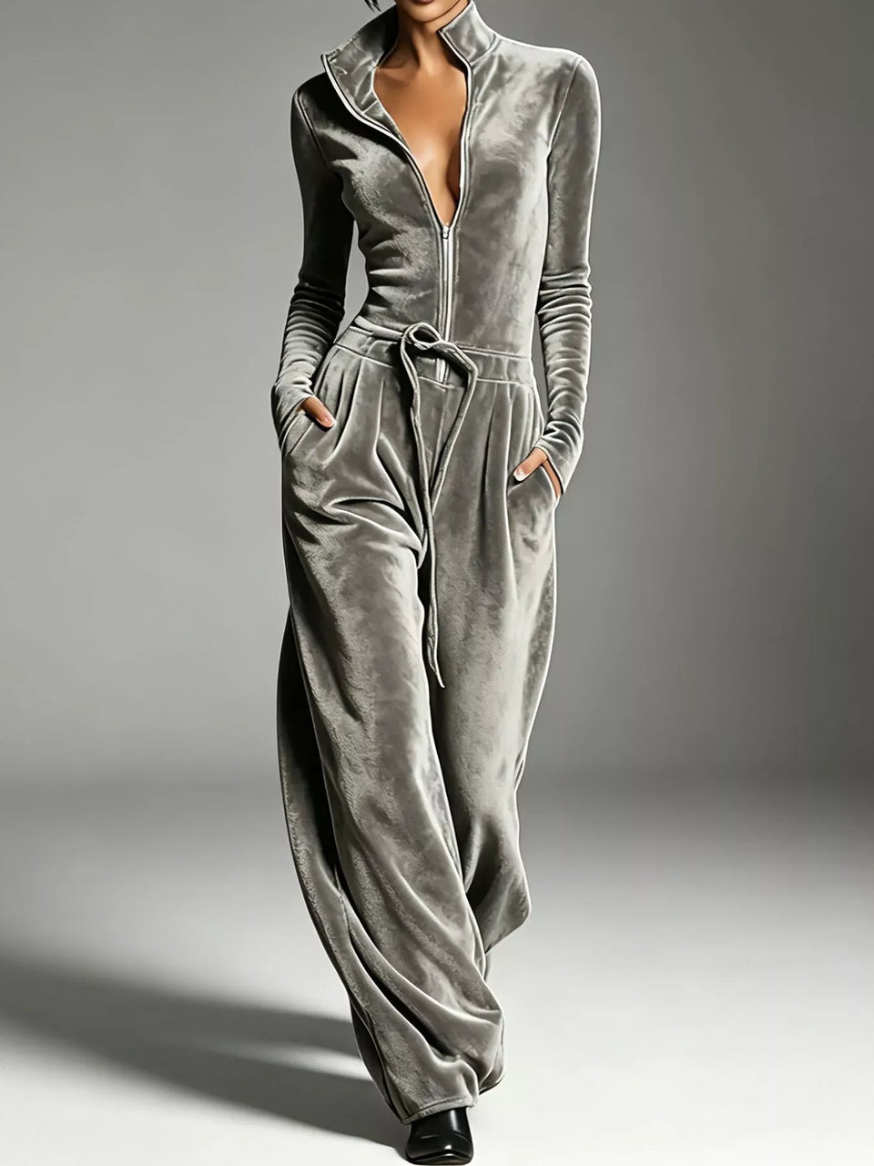 Velvet Zip-Up Jumpsuit with Tie-Waist