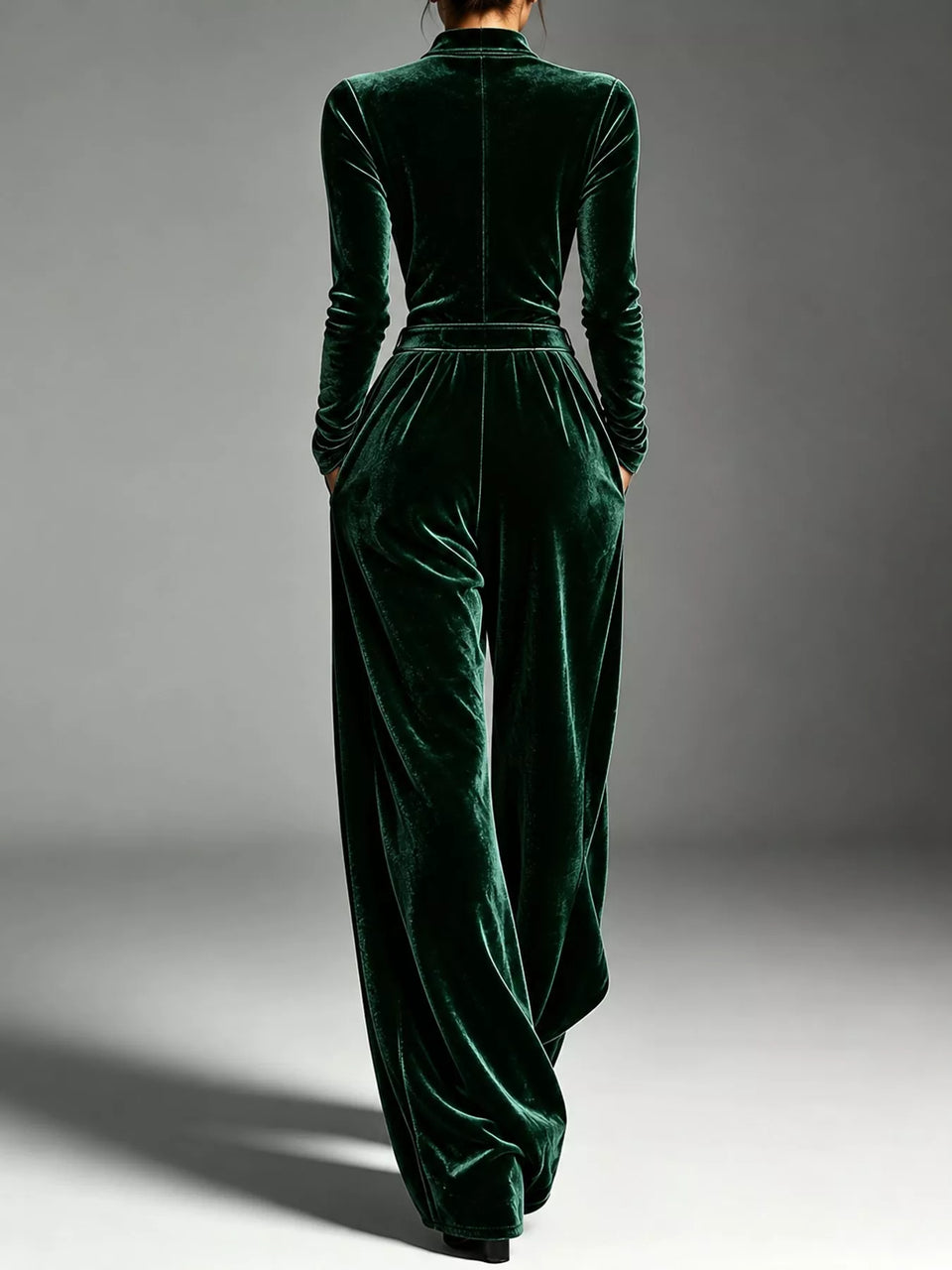 Velvet Zip-Up Jumpsuit with Tie-Waist