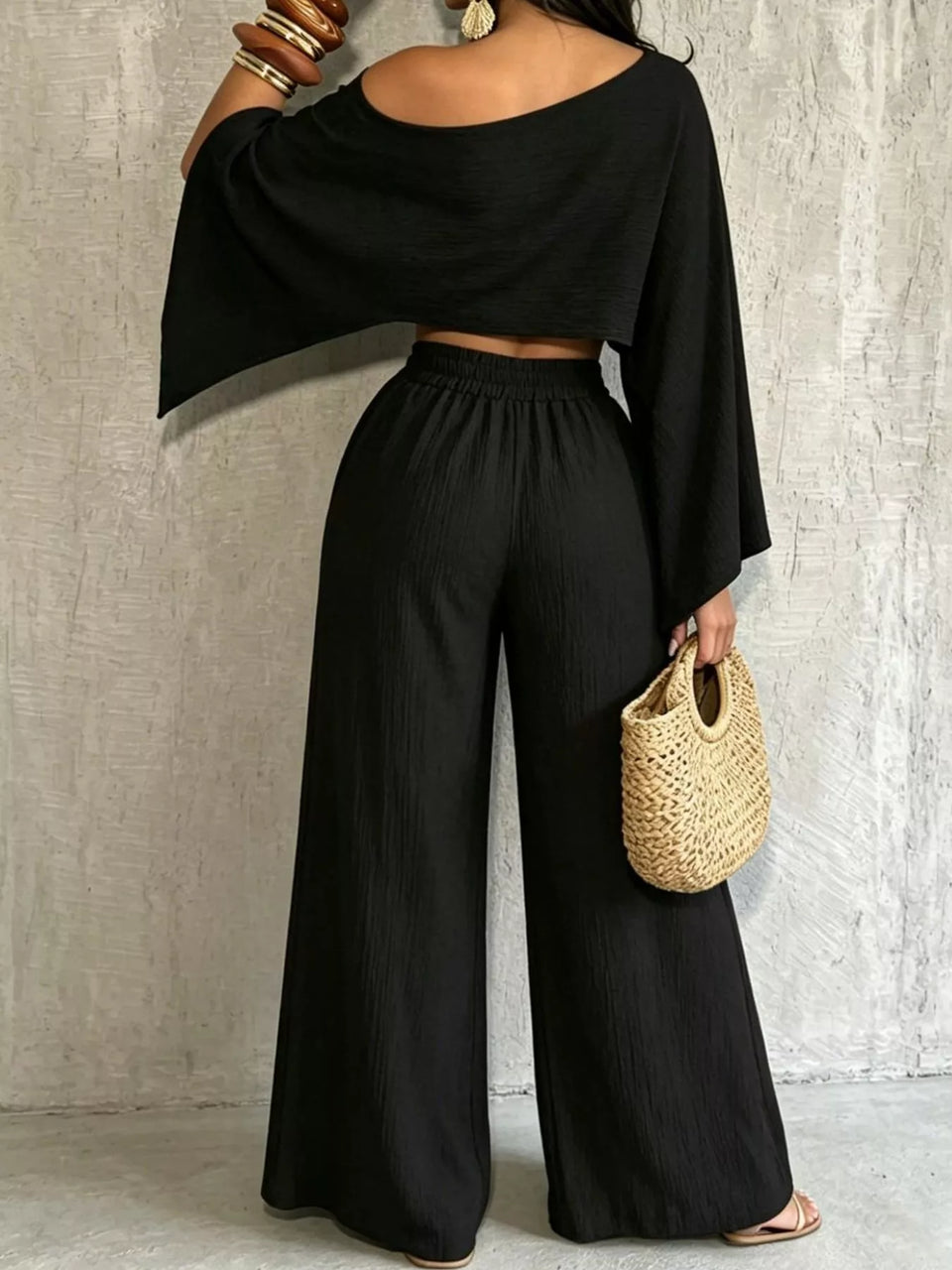 Boat Neck Crop Top and Wide-Leg Pants Set