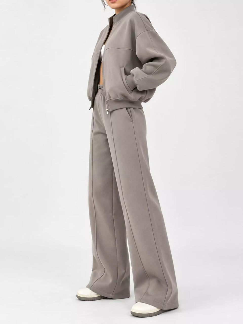 Casual Zip-Up Jacket and Wide-Leg Sweatpants Set