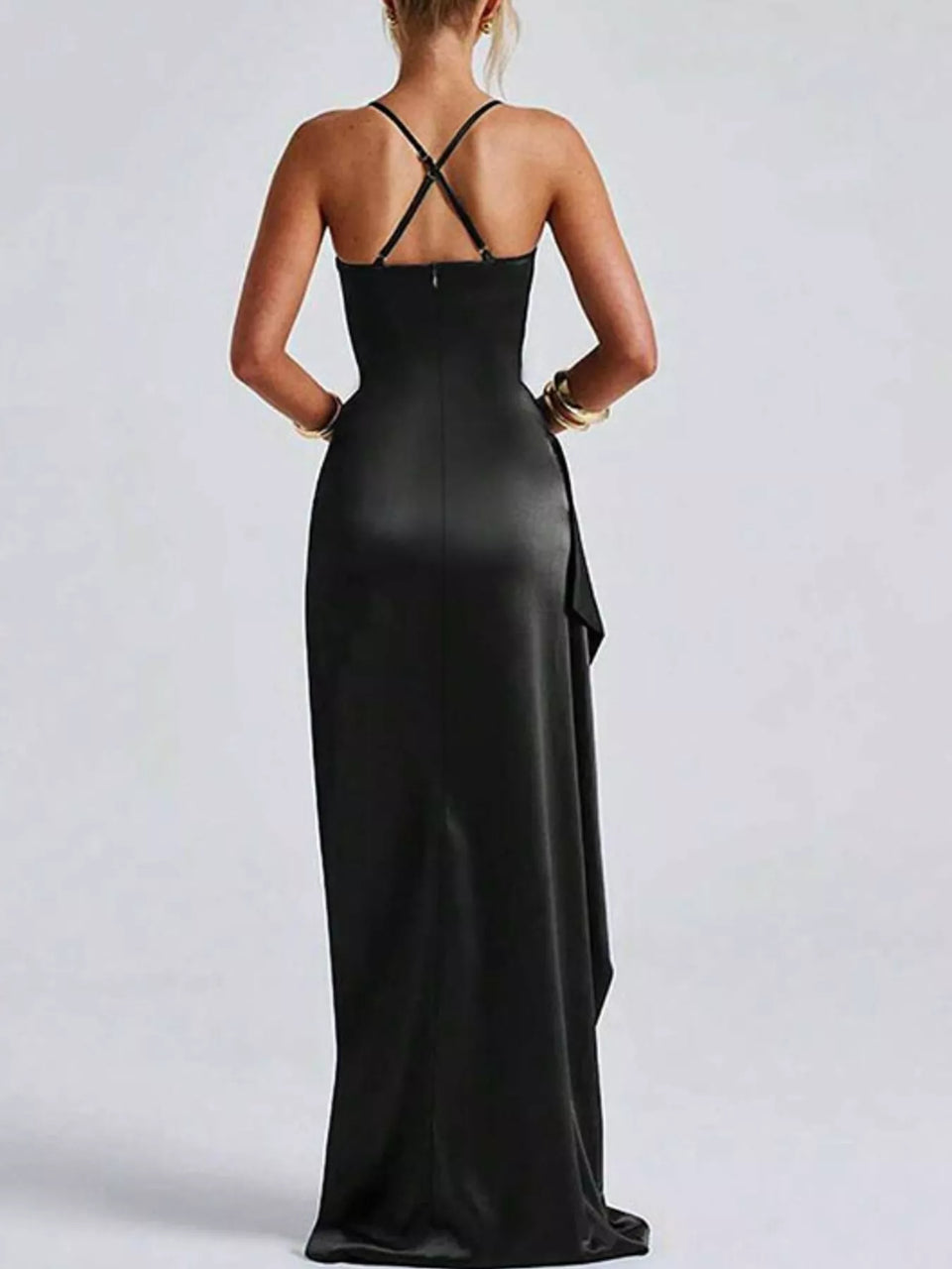 Satin Ruched High-Slit Maxi Dress