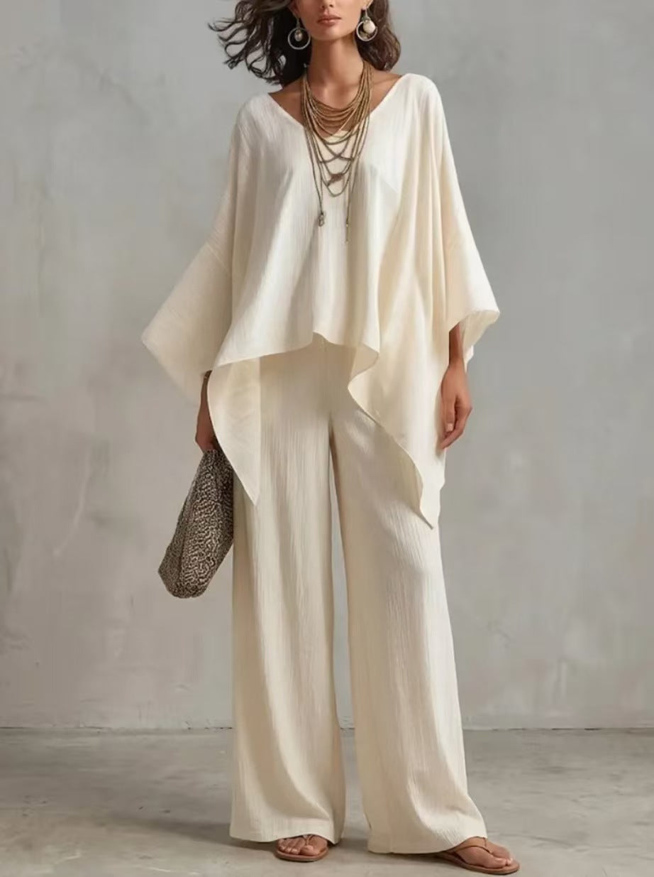 Set i linnemix med asymmetrisk topp och vida byxor