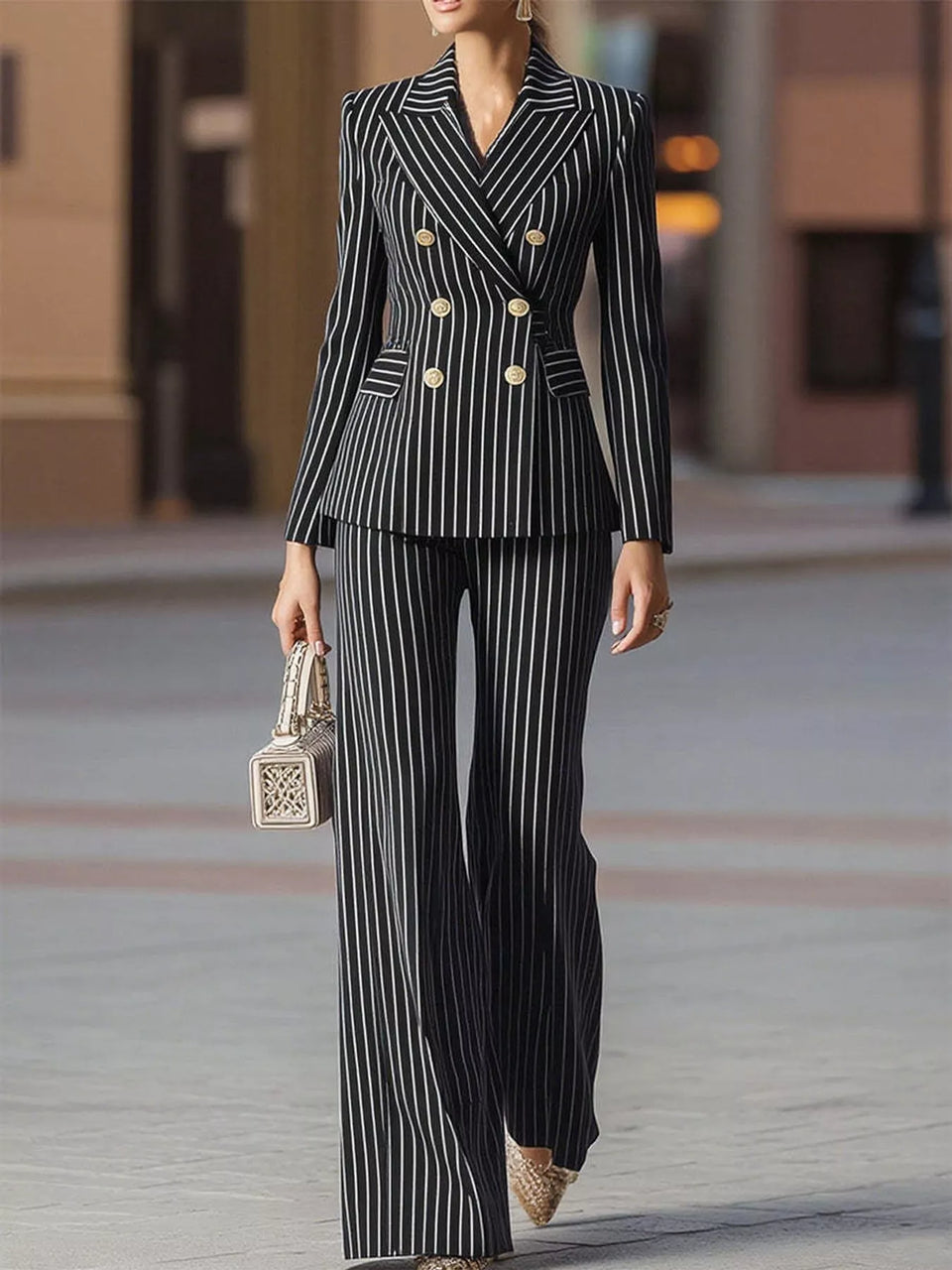 Double-Breasted Pinstripe Blazer and Wide-Leg Pants Set