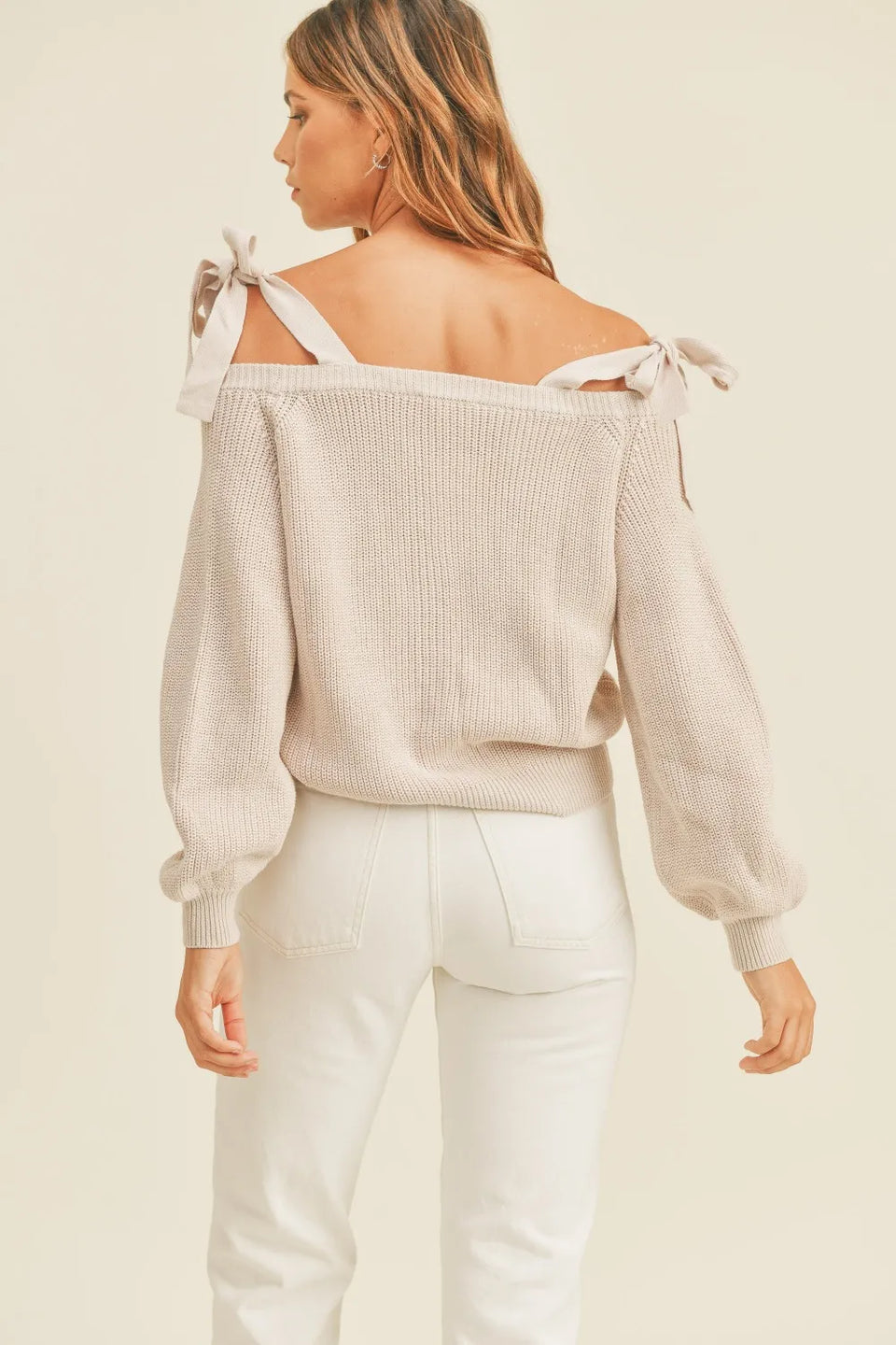 MABLE Off-Shoulder Self-Tie Button Down Sweater