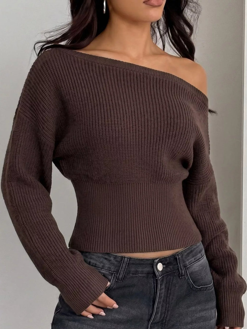 One Shoulder Ribbed Knit Sweater