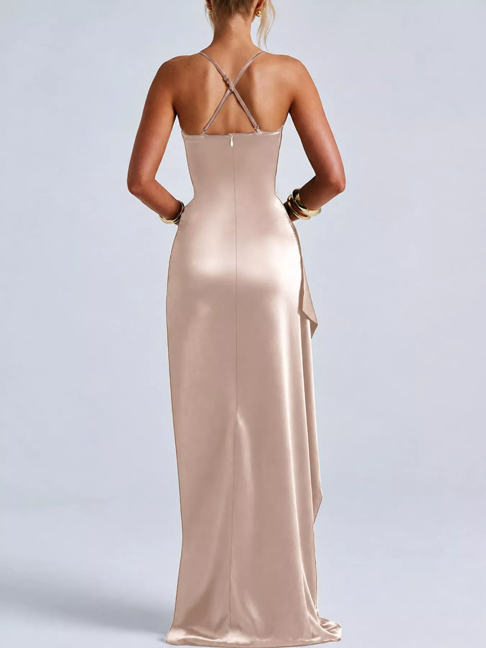 Satin Ruched High-Slit Maxi Dress