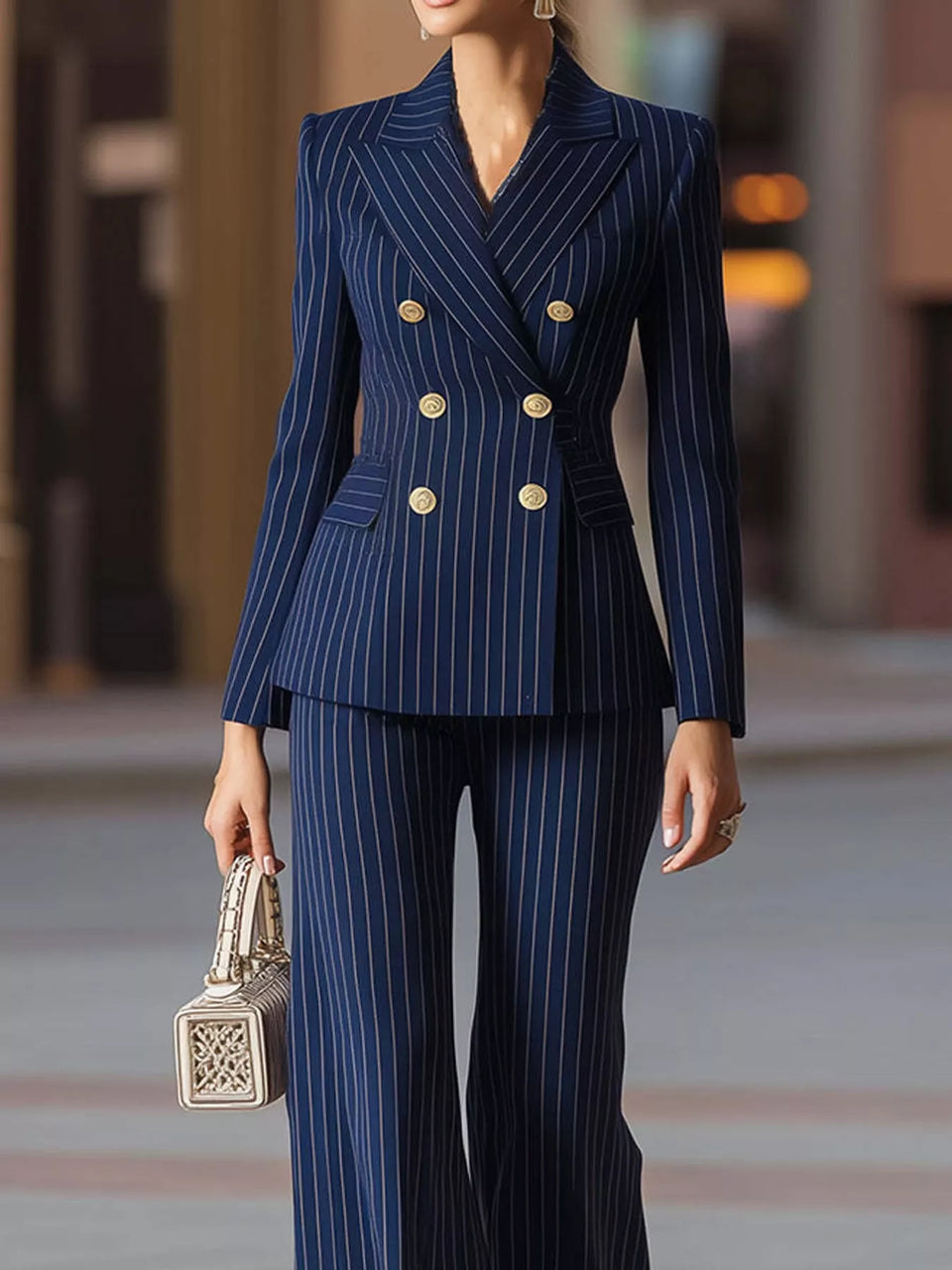Double-Breasted Pinstripe Blazer and Wide-Leg Pants Set