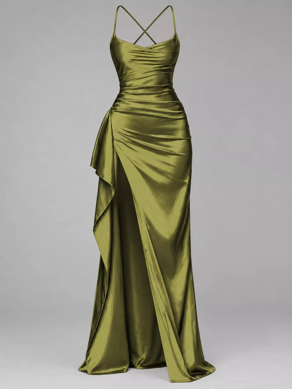 Satin Ruched High-Slit Maxi Dress