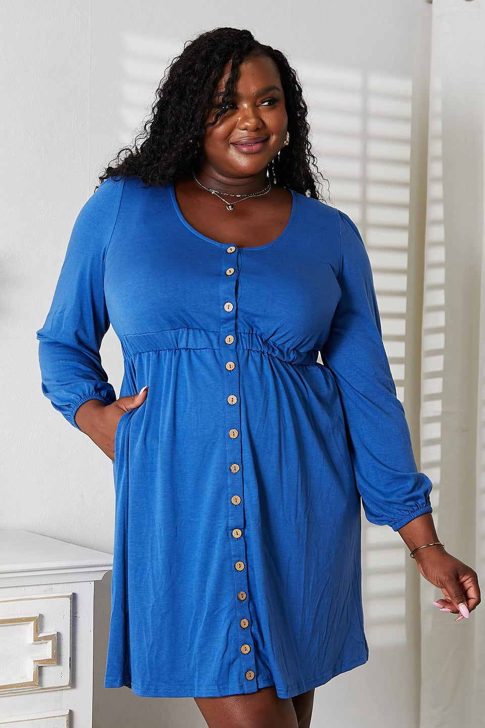 Double Take Scoop Neck Empire Waist Long Sleeve Dress