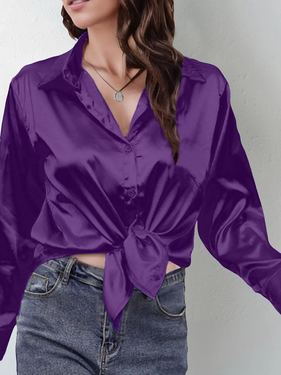 Satin Button-Down Long Sleeve Shirt