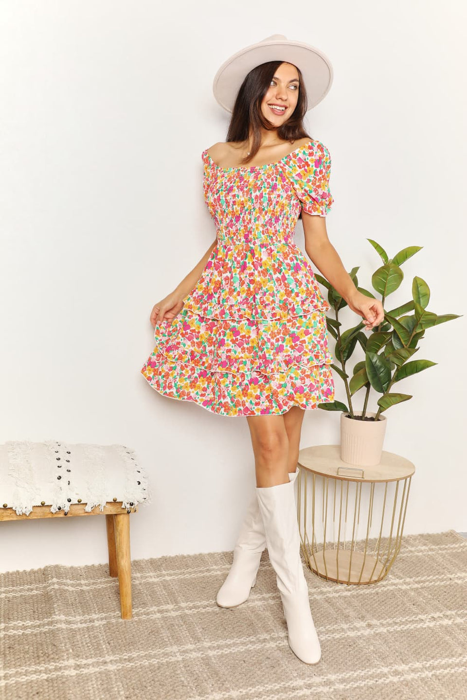Devine Smocked Sweetheart Flounce Sleeve Mini Dress