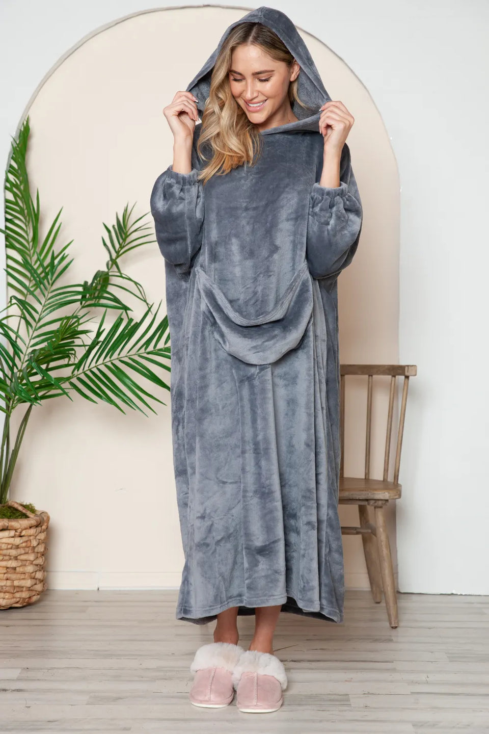 Double Take Pocketed Hooded Midi Lounge Dress