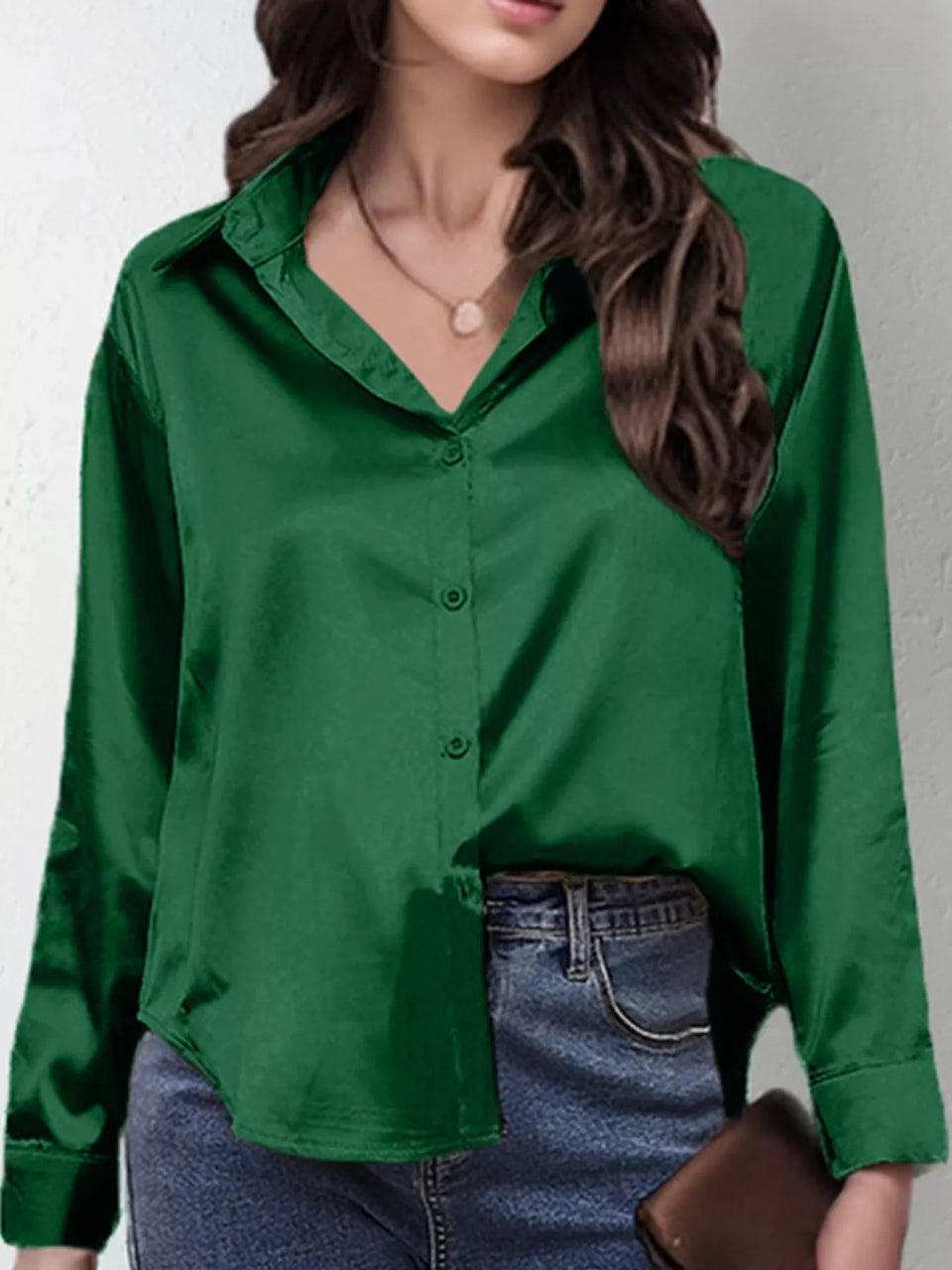 Satin Button-Down Long Sleeve Shirt