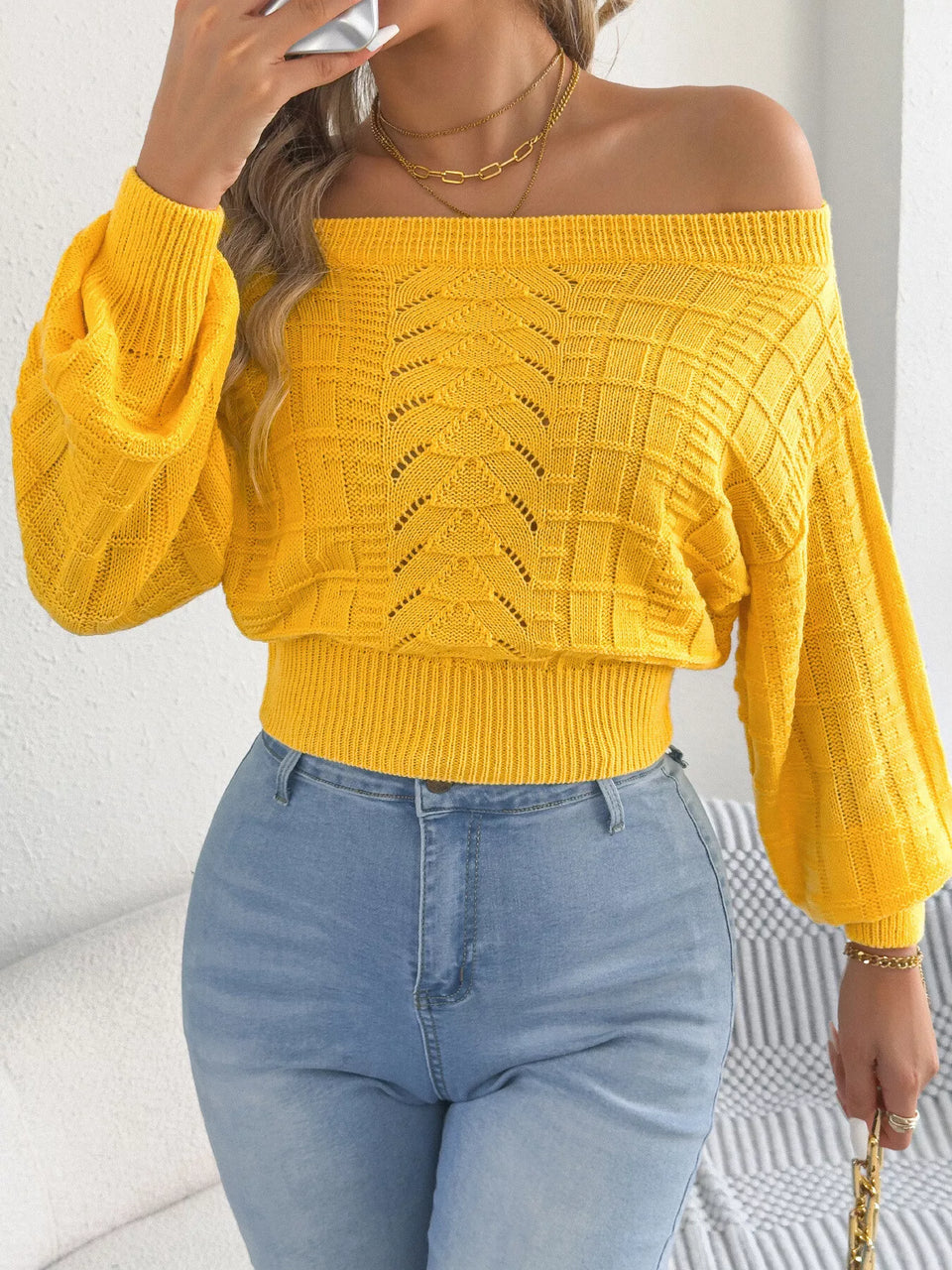 Off-Shoulder Openwork Cropped Sweater