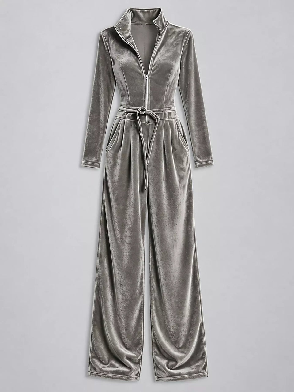 Velvet Zip-Up Jumpsuit with Tie-Waist