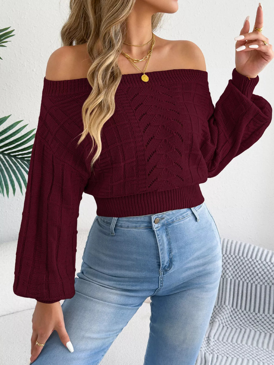 Off-Shoulder Openwork Cropped Sweater