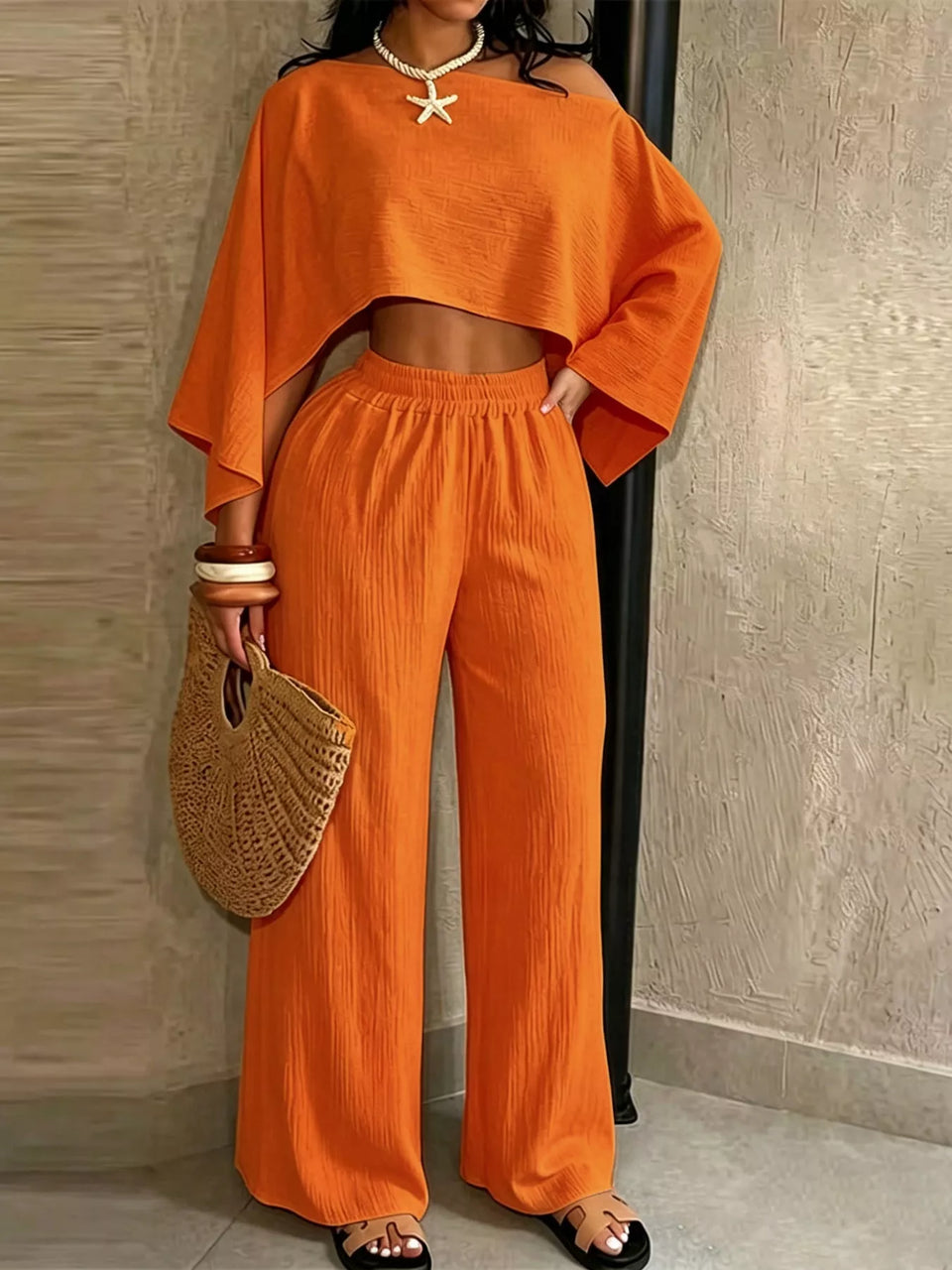 Boat Neck Crop Top and Wide-Leg Pants Set