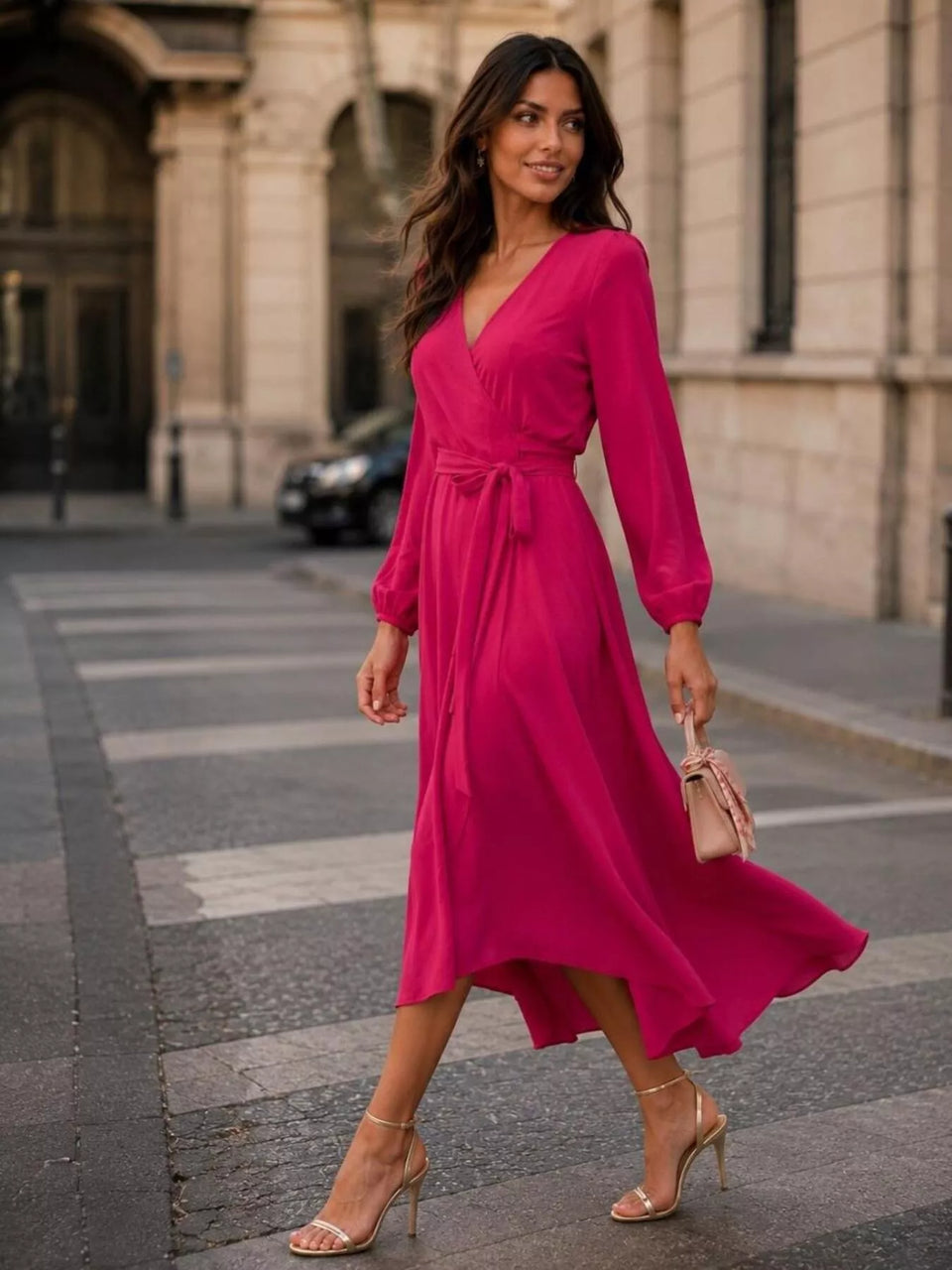 Long Sleeve Wrap Dress with Waist Tie