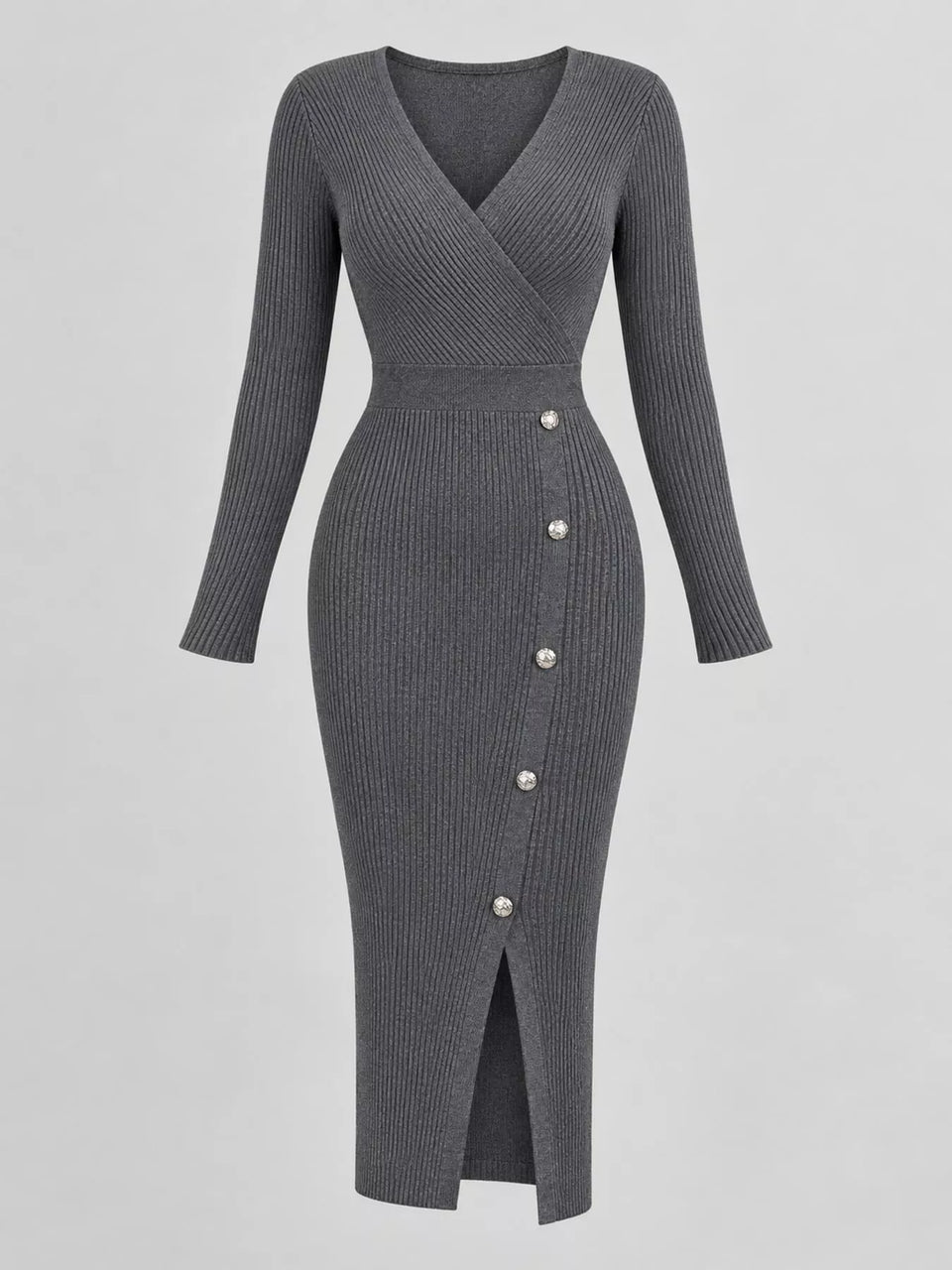 Decorative Button Ribbed Knit Sweater Dress