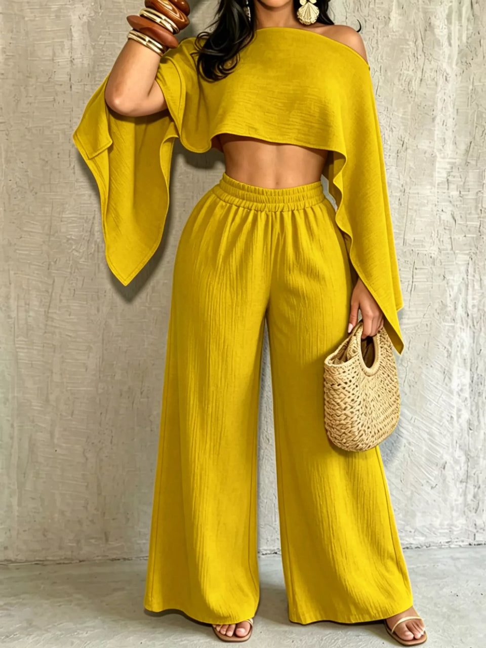 Boat Neck Crop Top and Wide-Leg Pants Set
