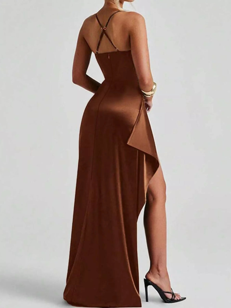 Satin Ruched High-Slit Maxi Dress