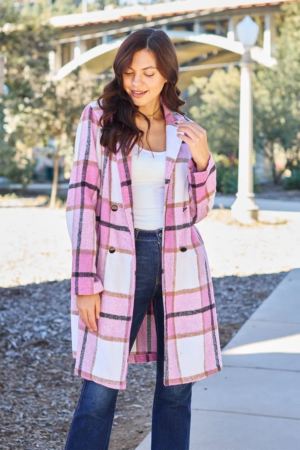 Double Take Plaid Button-Up Lapel Collar Coat