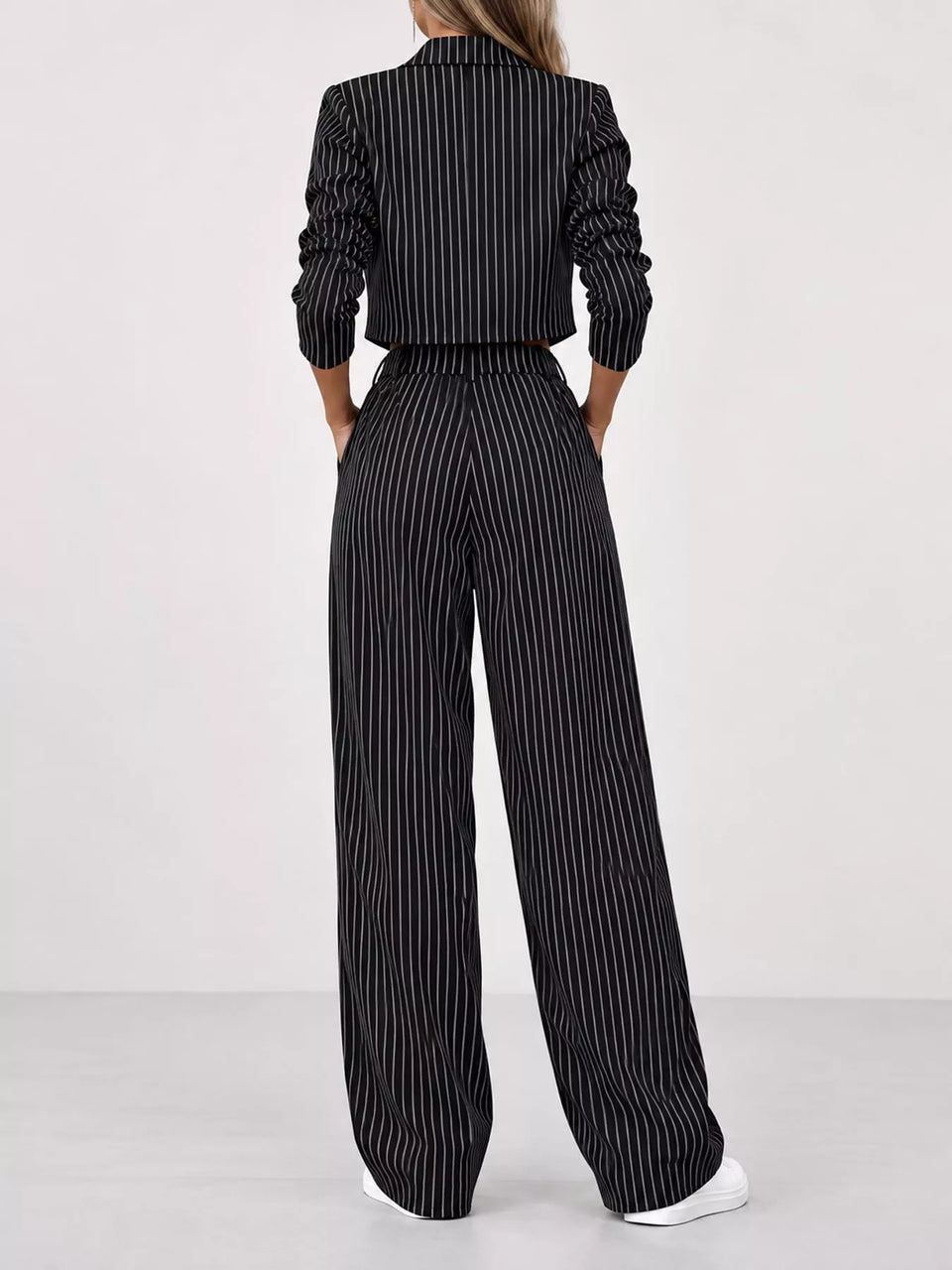 Striped Cropped Blazer and Wide-Leg Pants Two-Piece Set