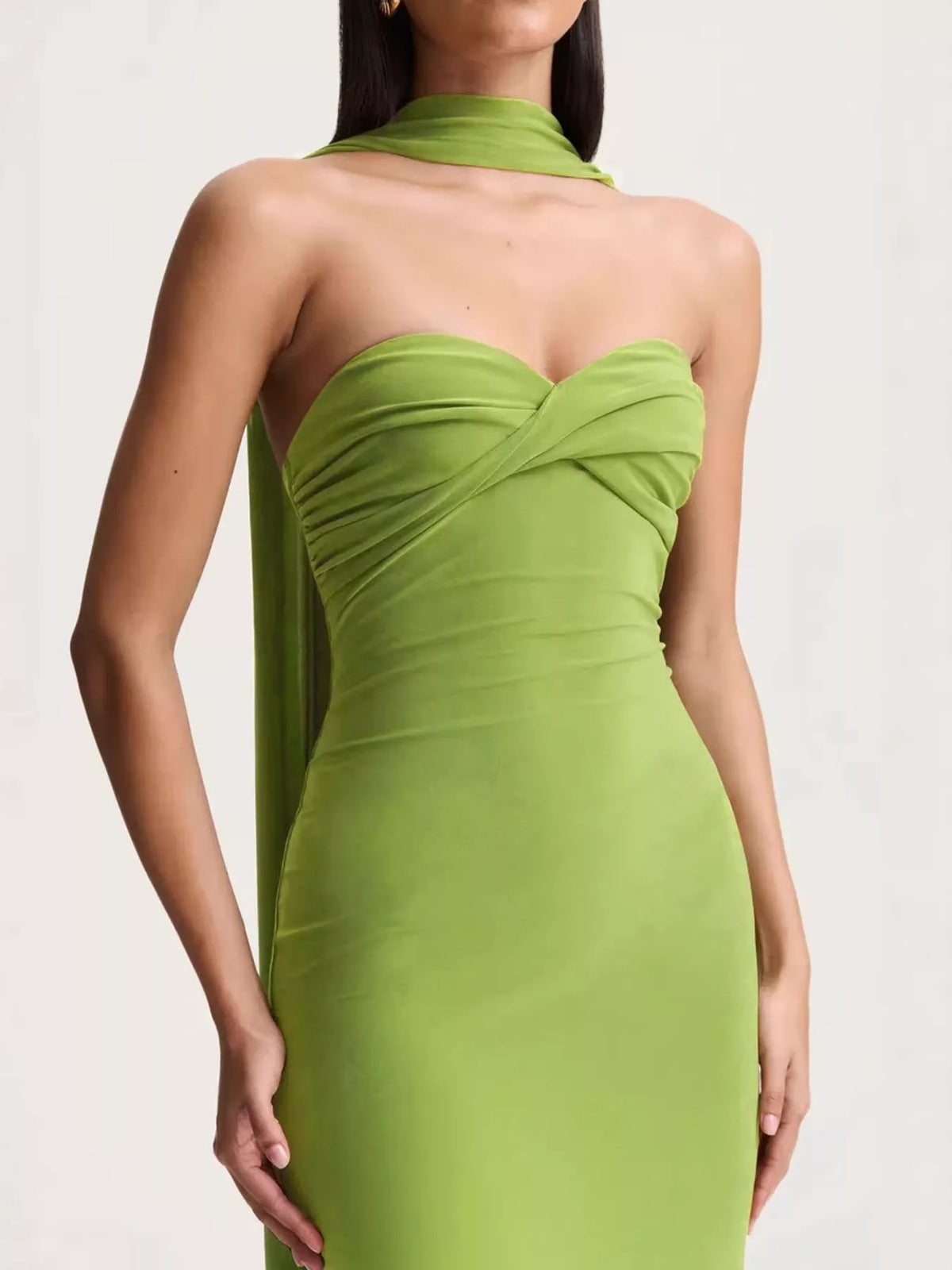 Strapless Ruched Bodycon Maxi Dress with Scarf